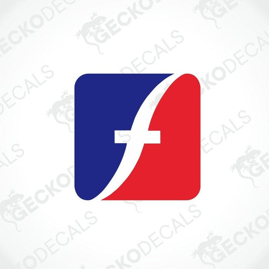 A blue, red, and white die cut sticker with the text 'FLEETWOOD' on it.