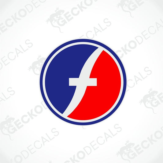 A circular sticker with a geometric design consisting of a white 'F' in a blue circle, with red and white stripes on the sides.