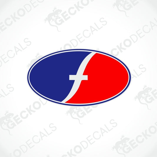 A sticker decal with a blue, red, and white color scheme, featuring the letter 'F' in white on a red background, with a laminated finish.