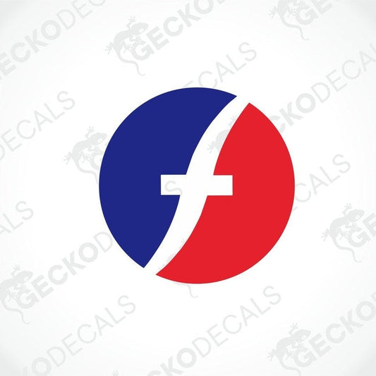 A die cut sticker with a red, white, and blue geometric design, featuring a white cross on a blue circle, and the text 'FLEETWOOD'.