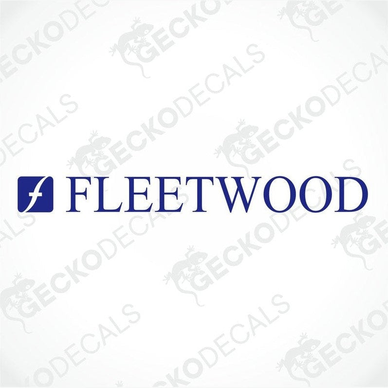 A blue sticker with the text 'FLEETWOOD' and a lightning bolt symbol, indicating the branding for a vehicle.