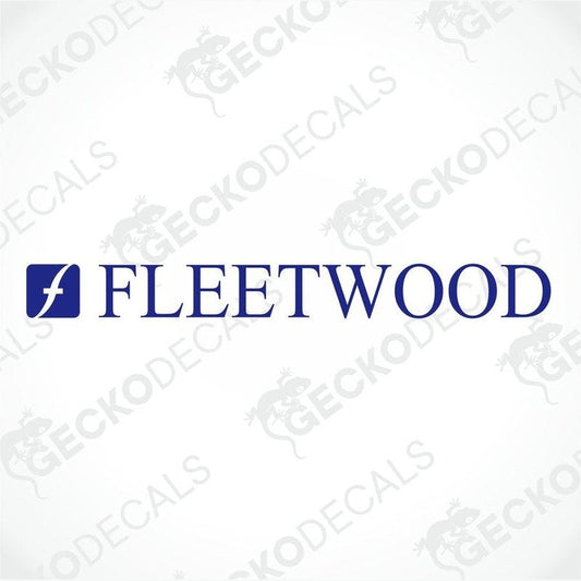 A blue sticker with the text 'FLEETWOOD' and a lightning bolt symbol, indicating the branding for a vehicle.