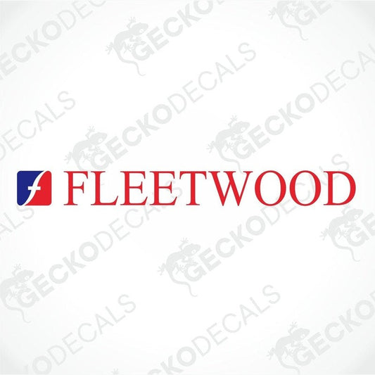 A sticker with the text 'FLEETWOOD' in red and white colors on a white background. The sticker has a bold, capital letter 'F', a bold, capital letter 'L', a bold, capital letter 'E', and a period at the end.