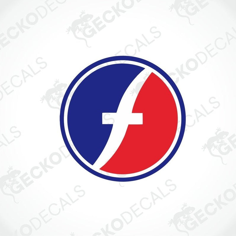 A die cut sticker with a circular design featuring red, blue, and white colors, and the text 'FLEETWOOD'.