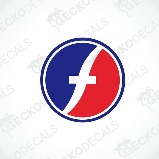 A die cut sticker with a circular design featuring red, blue, and white colors, and the text 'FLEETWOOD'.