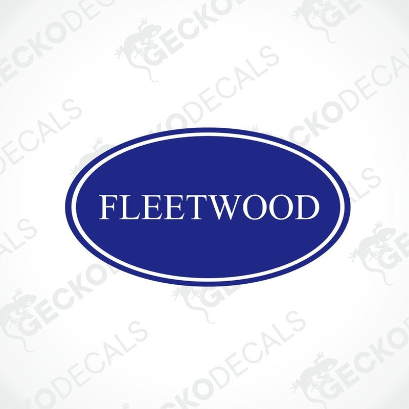 A blue and white oval-shaped sticker with the text 'FLEETWOOD' on it.