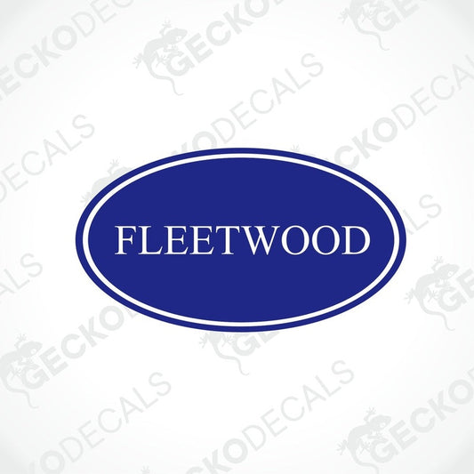 A blue and white oval-shaped sticker with the text 'FLEETWOOD' on it.