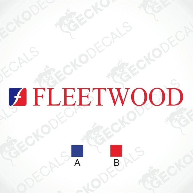 FLEETWOOD die-cut caravan sticker with red text and blue logo on transfer paper