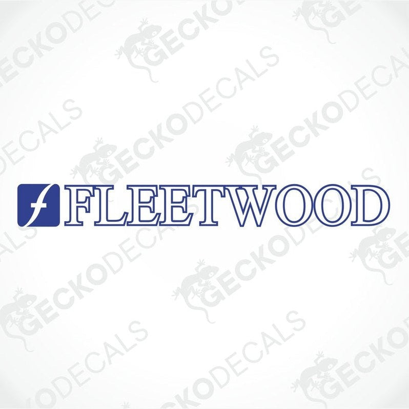 A blue sticker with the word 'FLEETWOOD' printed in white.