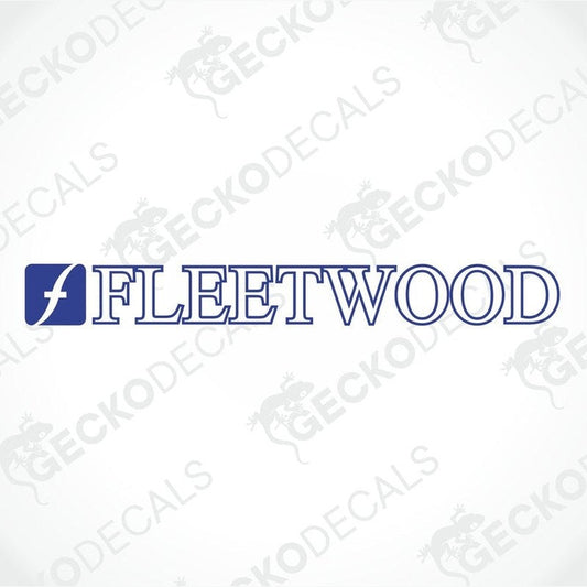 A blue sticker with the word 'FLEETWOOD' printed in white.