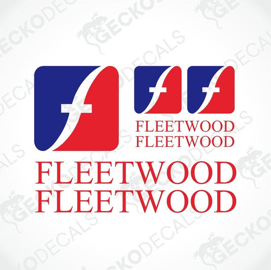 A set of die cut stickers with the Fleetwood logo in various sizes for use on vehicles.