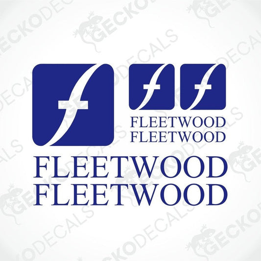 A set of blue decals featuring the text 'FLEETWOOD' and a stylized arrow design.