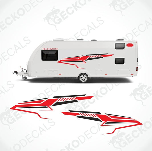 Red and black Fleetwood caravan decals applied to white exterior showing side graphics, logo, and text fit