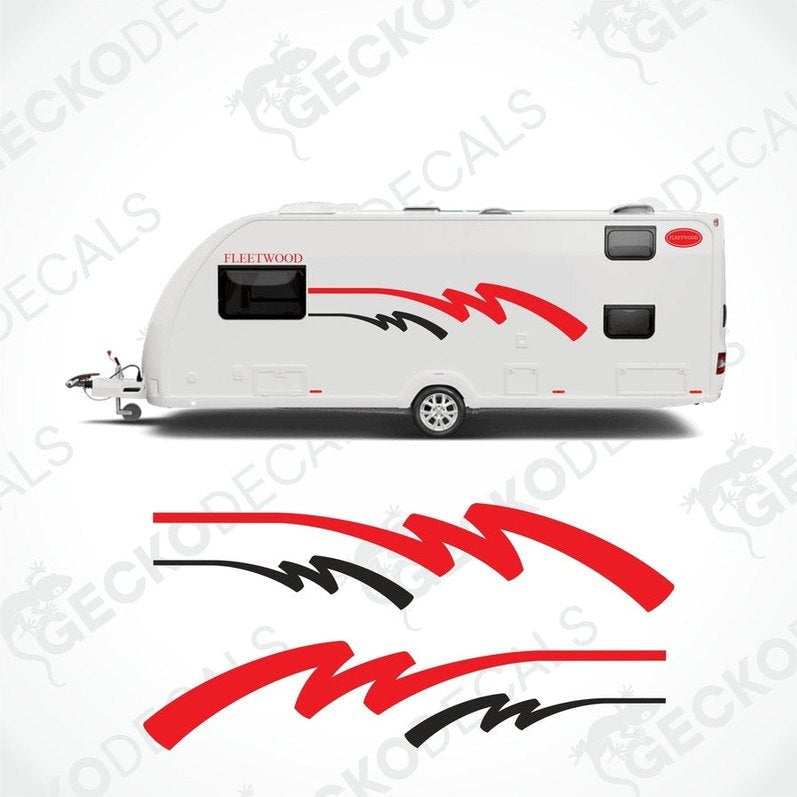 A set of vehicle decals for a caravan, featuring the brand name 'FLEETWOOD' in a stylized red and black design.