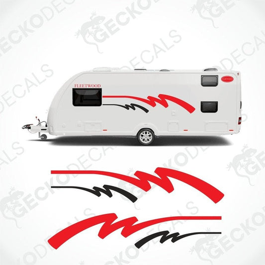 A set of vehicle decals for a caravan, featuring the brand name 'FLEETWOOD' in a stylized red and black design.