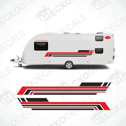 Red black white Fleetwood decal kit applied to white caravan exterior showing side stripes and logo placement