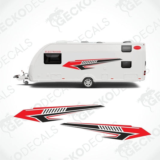 A set of vehicle decals for a caravan, featuring the brand name 'FLEETWOOD' in stylized red and black on a white background.