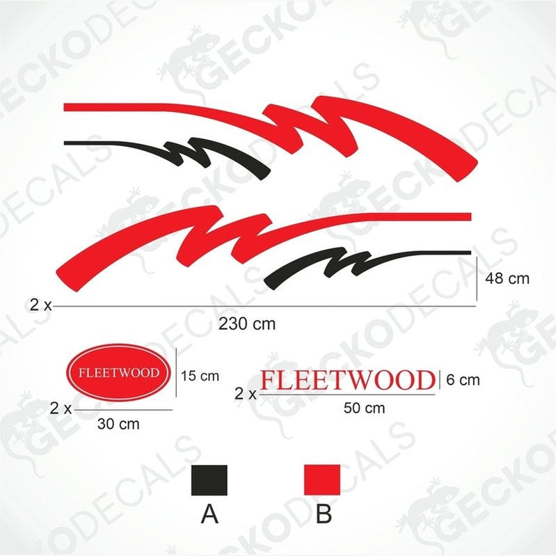 A set of vehicle decals for a caravan, featuring the brand name 'FLEETWOOD' in a stylized red and black design.