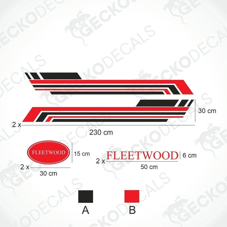 Fleetwood caravan sticker set dimensions with red black white side decals and oval logos on transfer paper