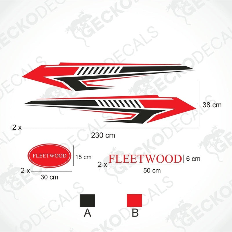 A set of vehicle decals for a caravan, featuring the brand name 'FLEETWOOD' in stylized red and black on a white background.