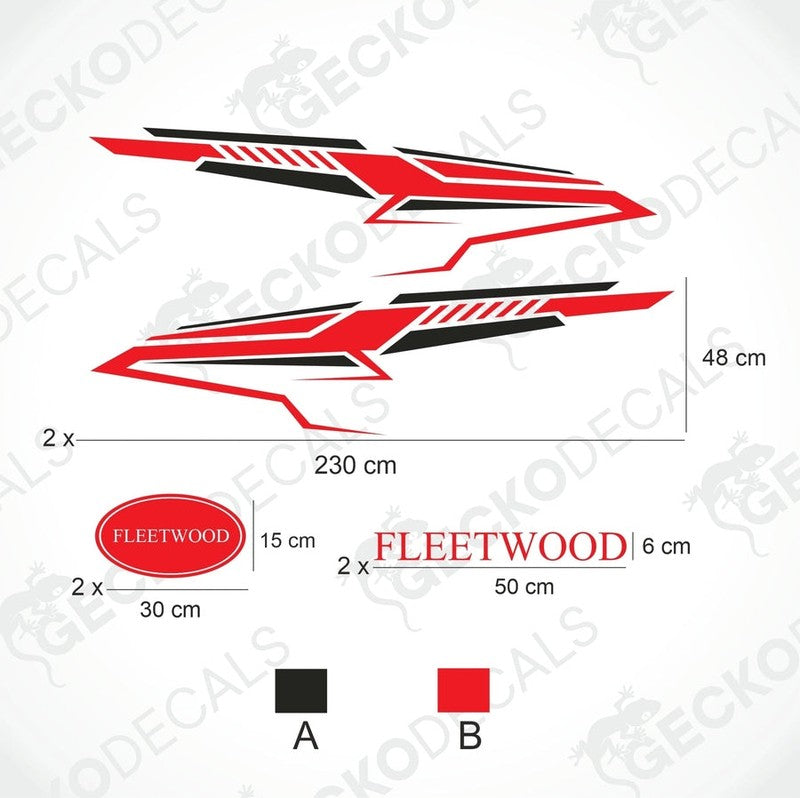 Fleetwood caravan decal set diagram with red and black side graphics, oval logos, and text stickers on transfer paper