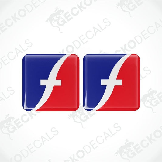 Two red, blue, and white vinyl decals with a polyurethane coating designed for use on vehicles, displayed on a white background