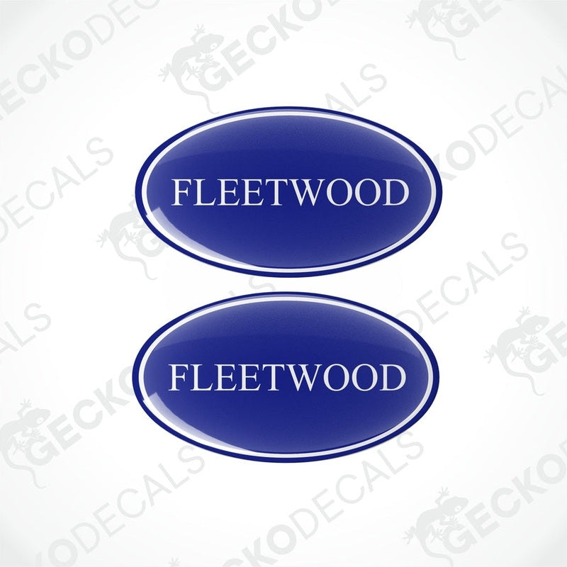 Two blue vinyl decals with the word 'FLEETWOOD' printed on them.