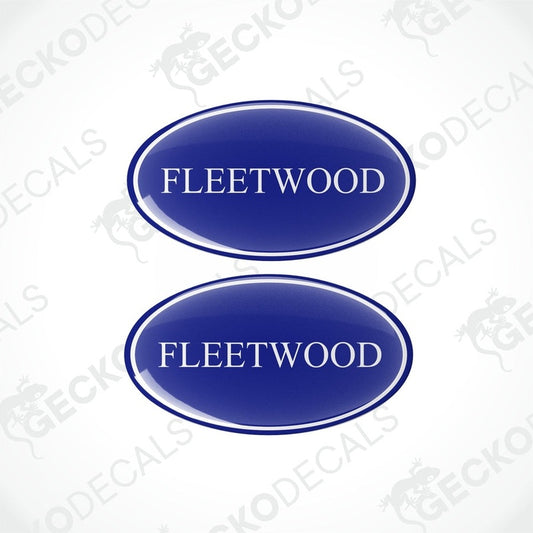 Two blue vinyl decals with the word 'FLEETWOOD' printed on them.