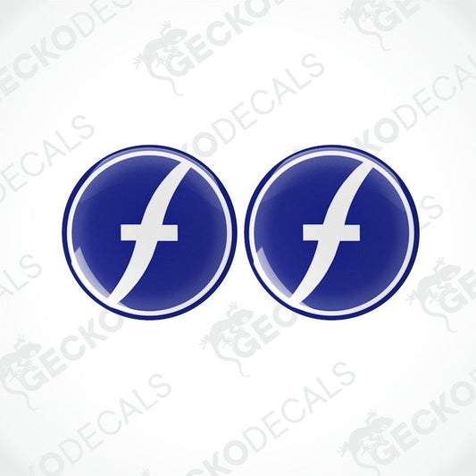 Two blue vinyl stickers with a white symbol on them, meant for vehicle decoration.