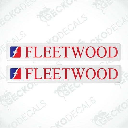 Two white vinyl stickers with red and blue text that reads 'FLEETWOOD', arranged vertically.