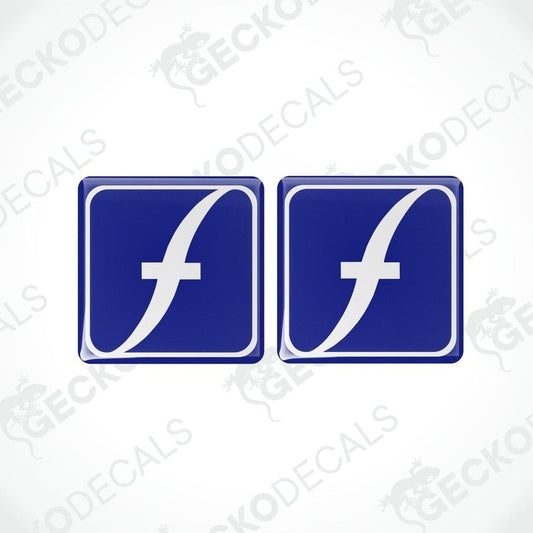 Two square-shaped blue, and white vinyl decals with a geometric design.