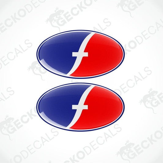 A set of two dome-shaped vinyl decals with a red, white, and blue color scheme, featuring a cross design.