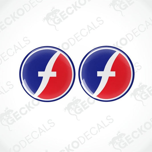 Two round red, white, and blue vinyl decals with a polyurethane coating designed for use on vehicles, displayed on a white background.