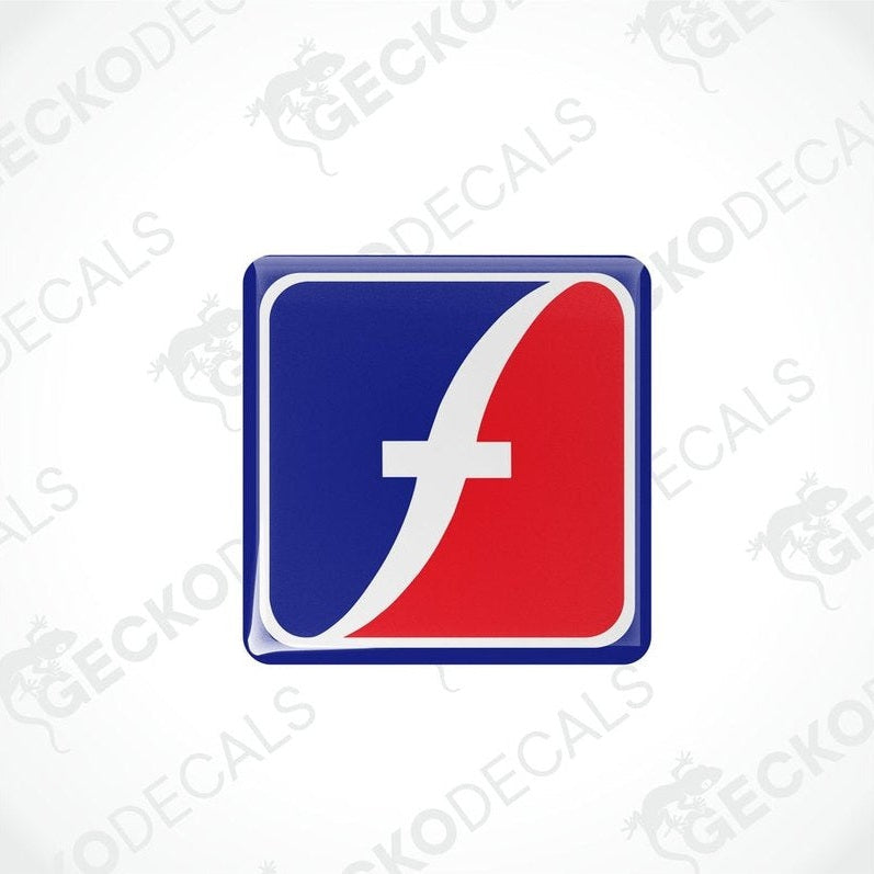 Two square-shaped blue, red, and white vinyl decals with a geometric design.
