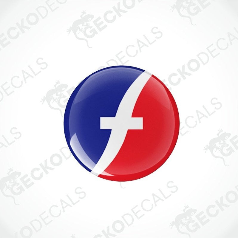 Two round red, white, and blue vinyl decals with a polyurethane coating designed for use on vehicles, displayed on a white background.