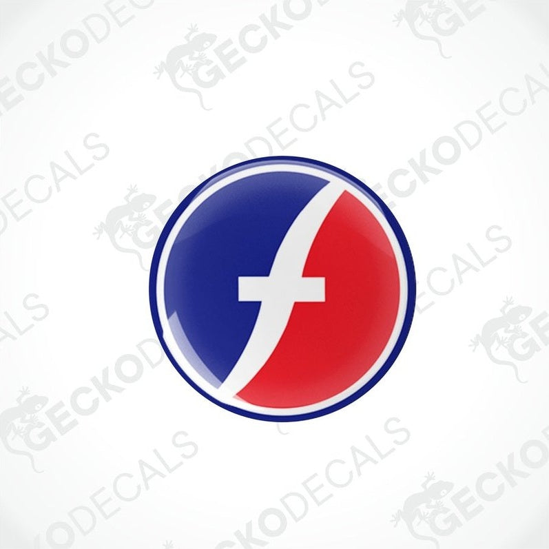 Two round red, white, and blue vinyl decals with a polyurethane coating designed for use on vehicles, displayed on a white background.