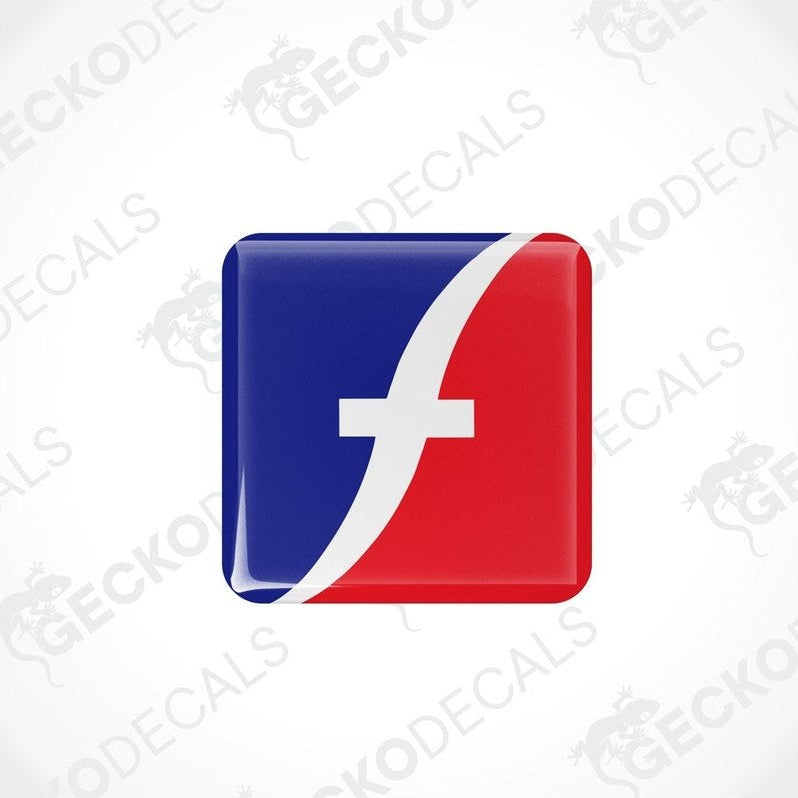 Two red, blue, and white vinyl decals with a polyurethane coating designed for use on vehicles, displayed on a white background
