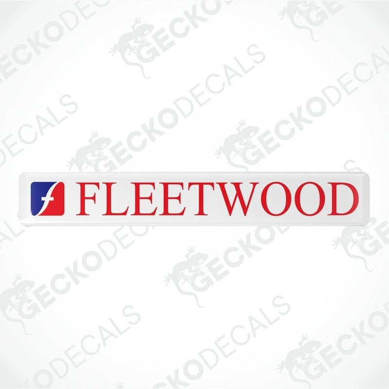 Two white vinyl stickers with red and blue text that reads 'FLEETWOOD', arranged vertically.