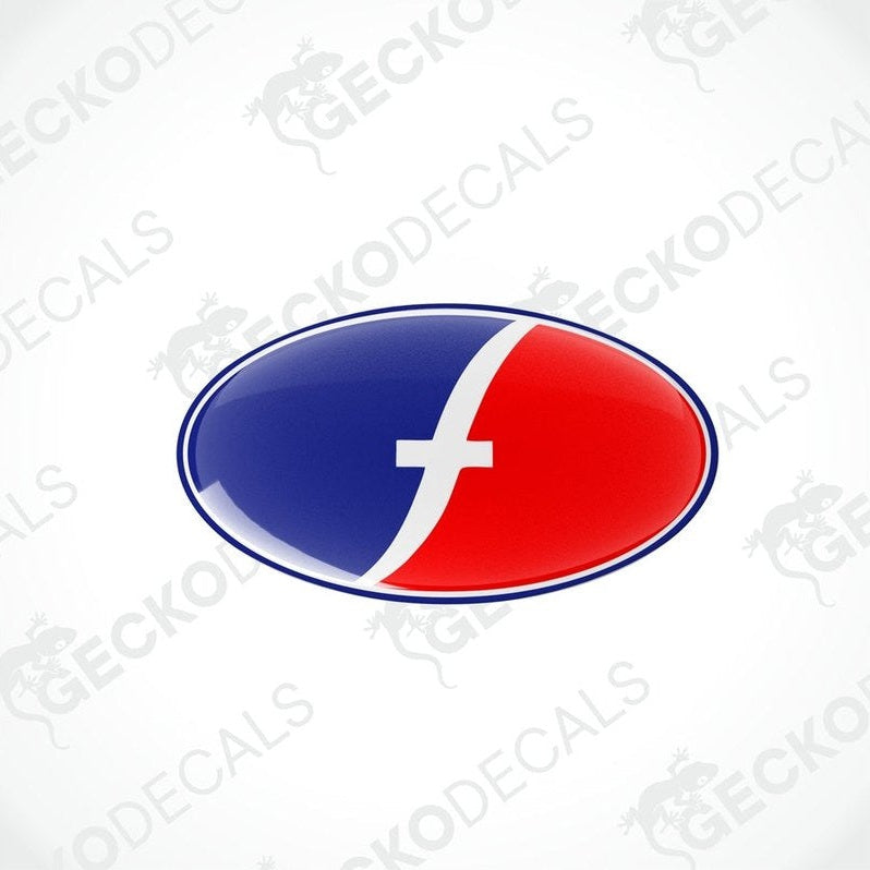 A set of two dome-shaped vinyl decals with a red, white, and blue color scheme, featuring a cross design.