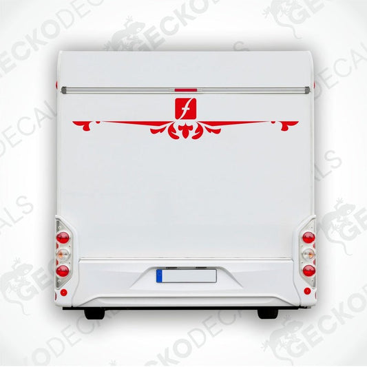A white Fleetwood caravan with a red and black decal on the rear side.