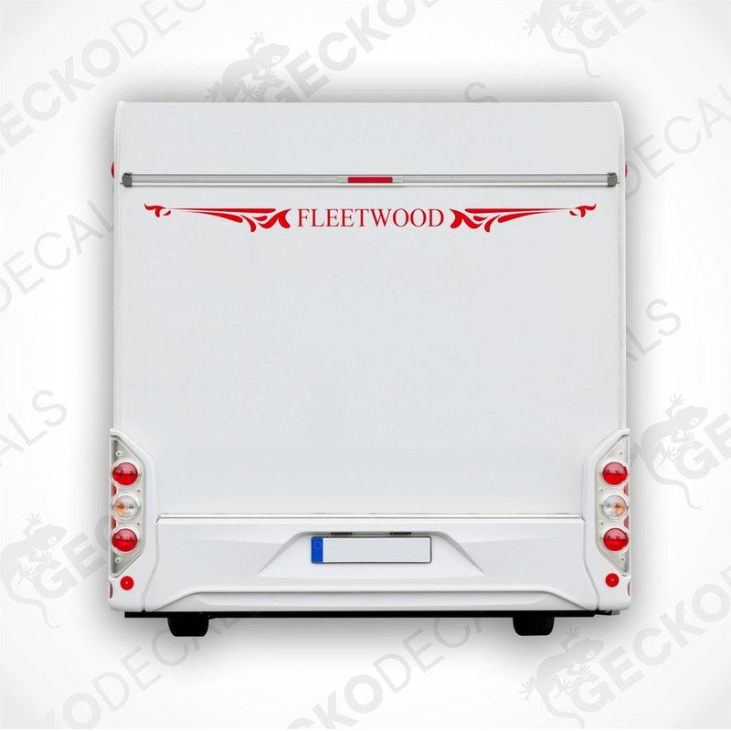 A white rear decal for a caravan with the red text 'Fleetwood' displayed across the middle.