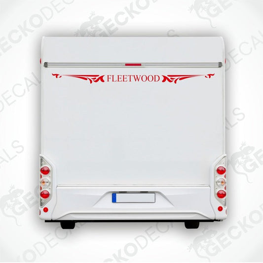 A white rear decal for a caravan with the red text 'Fleetwood' displayed across the middle.