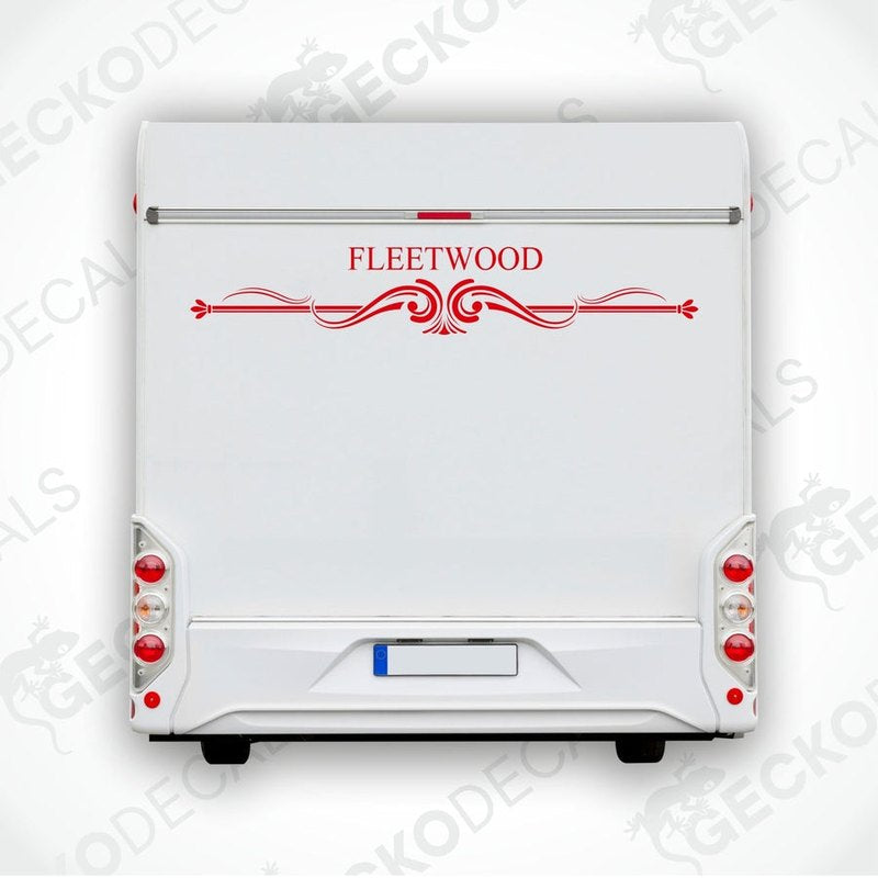 A white rear decal with the text 'Fleetwood' in red, intended for use on vehicles.