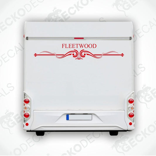 A white rear decal with the text 'Fleetwood' in red, intended for use on vehicles.