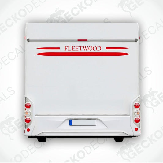 A white Fleetwood caravan with a red and black decal on the rear side.