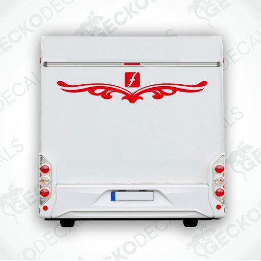 A die cut sticker with a red tribal pattern design, intended for use on the rear of a vehicle, displayed on a white background.