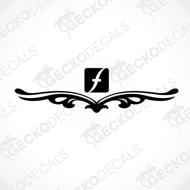 A die cut sticker with a red tribal pattern design, intended for use on the rear of a vehicle, displayed on a white background.
