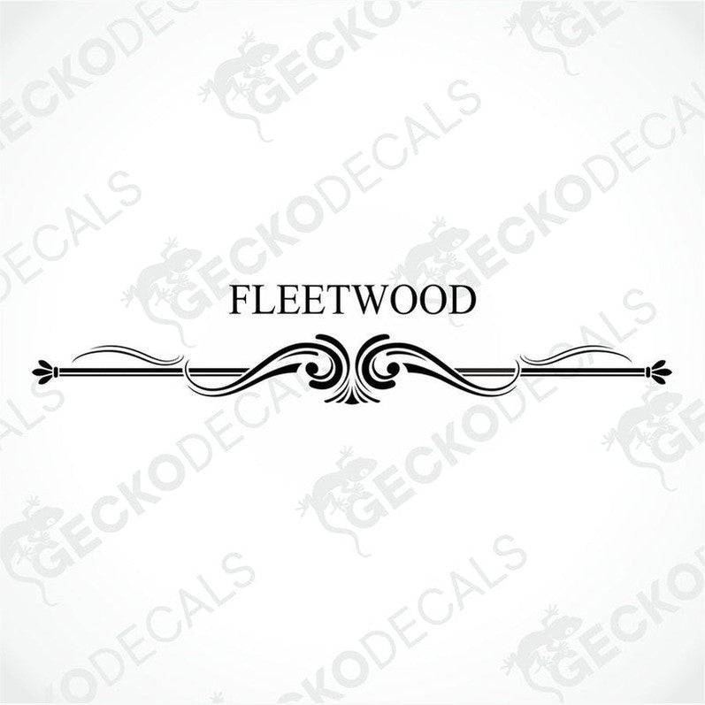 A white rear decal with the text 'Fleetwood' in red, intended for use on vehicles.