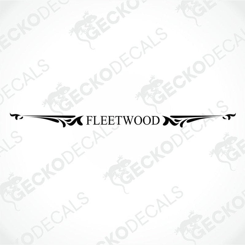 A die cut sticker with the text 'Fleetwood' displayed on the rear of a white caravan, bordered with red decorative elements.