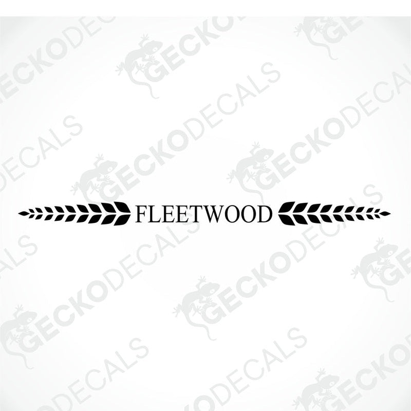 A die cut sticker with the text 'Fleetwood' displayed on the rear of a white caravan, bordered with red decorative elements.